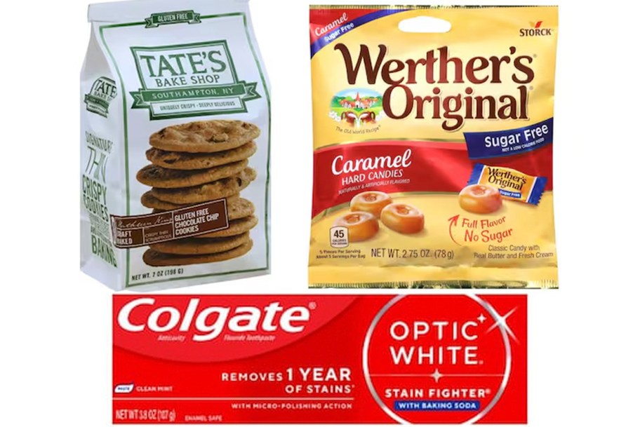 tates cookies, werthers cookies, and colgate toothpaste 