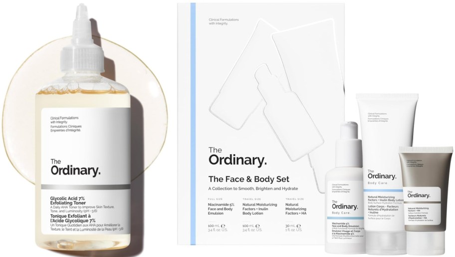 The Ordinary skincare products. Left: Glycolic Acid 7% Toning Solution. Right: The Face & Body Set with four different product tubes and bottles.