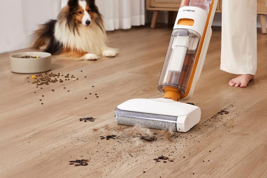 woman using a tineco cordless vac to clean up pet hair and dirt