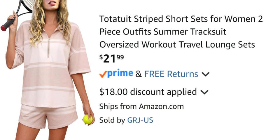 woman wearing striped outfit next to Amazon pricing information
