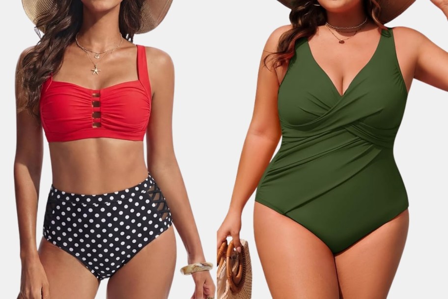 two women in different styles of swimsuits