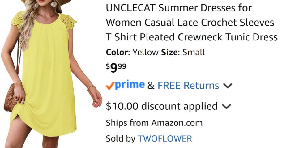 woman wearing yellow dress next to Amazon pricing information