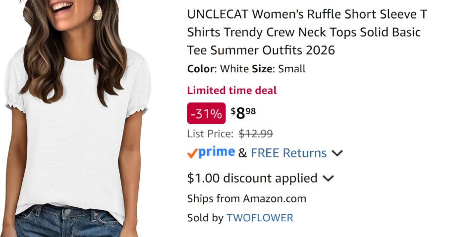 woman wearing a white shirt next to Amazon pricing information