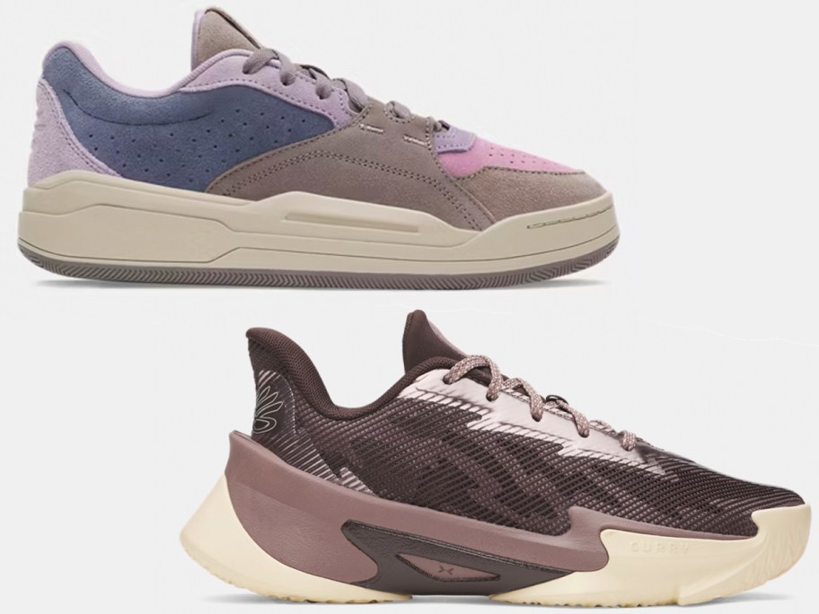 two purple and white curry shoes 