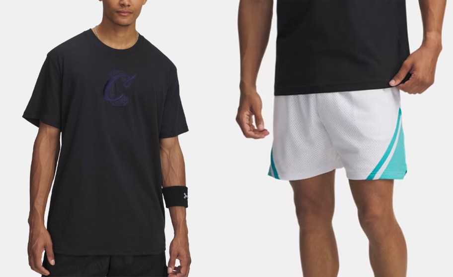 men wearing black curry tee and white shorts 