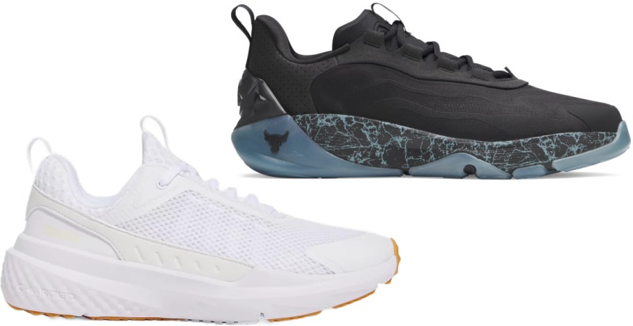 A side-by-side display of two sneakers: a black shoe with a marbled blue sole and a white shoe.