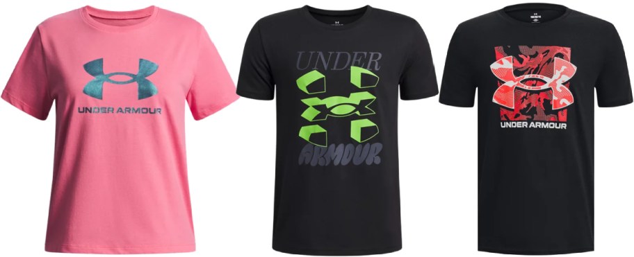 Three Under Armour T-shirts: a pink shirt with a blue logo, a black shirt with green logos, and another black shirt with a red abstract logo.