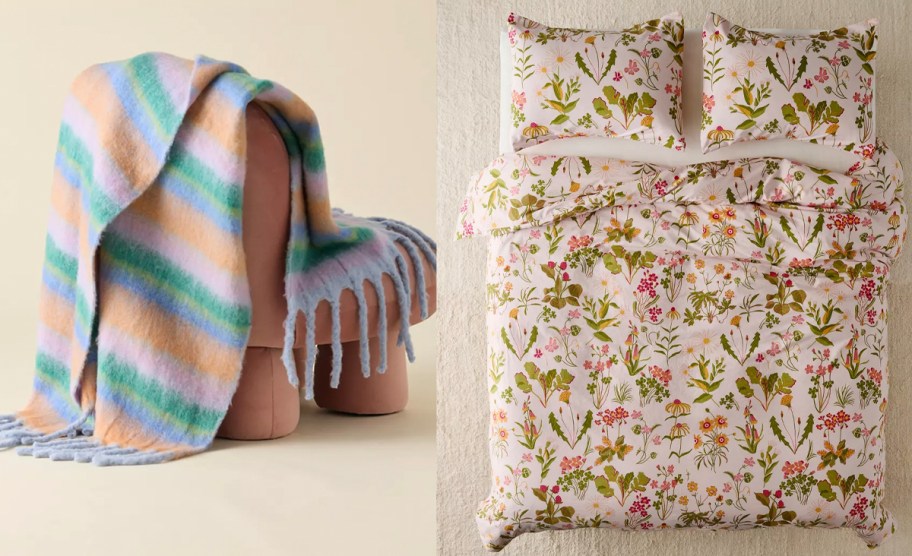 striped throw and floral bedding 