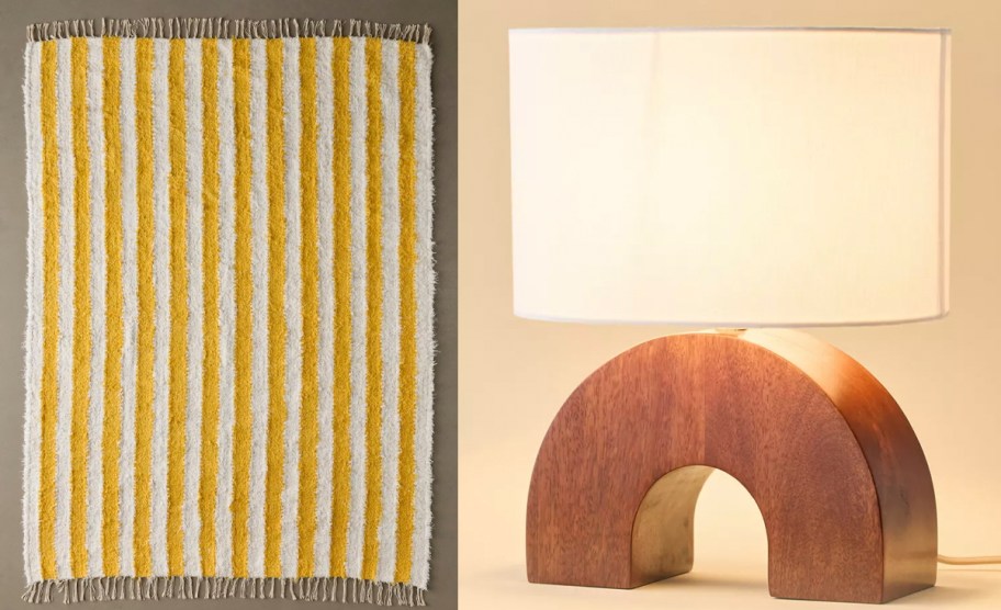 yellow striped rug and wood lamp