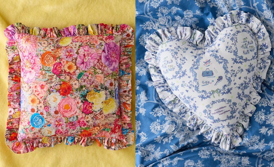floral square and blue heart pillows