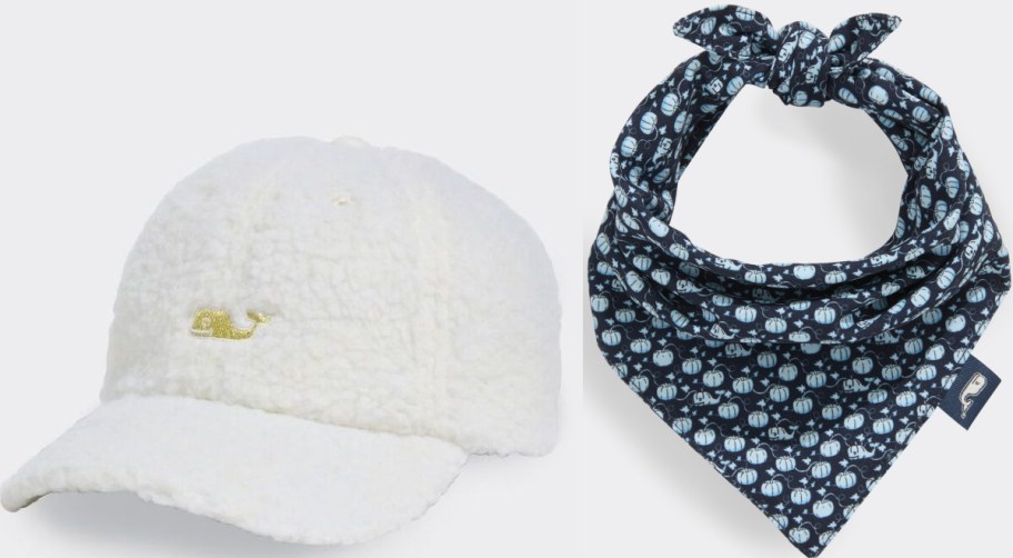 A white fuzzy cap and a navy blue scarf with a pattern.