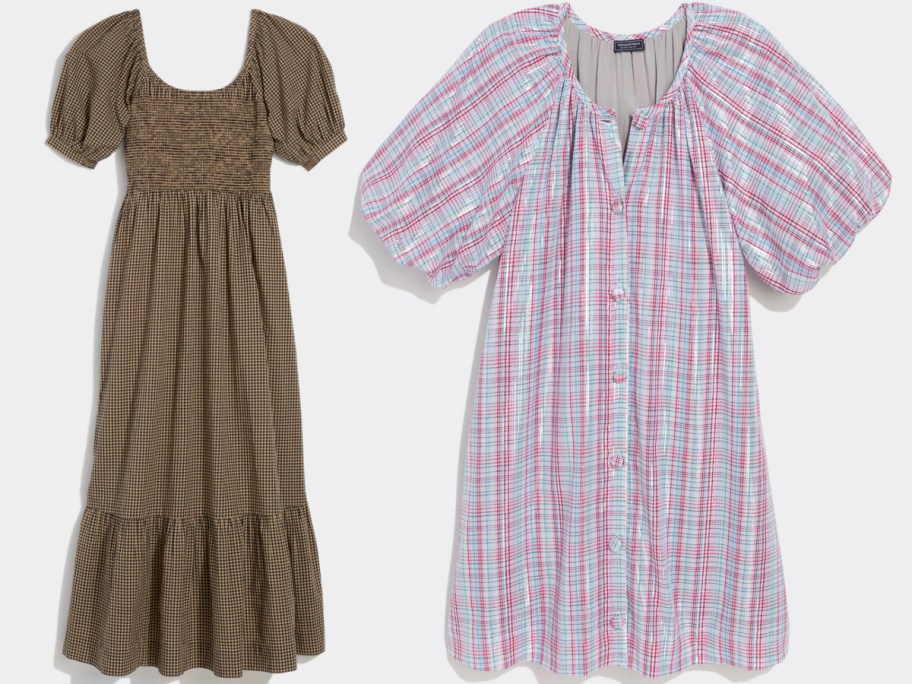 Two dresses displayed side by side: on the left, a brown checkered dress with a smocked bodice and a tiered skirt; on the right, a pink and white plaid dress with puff sleeves and button details down the front.