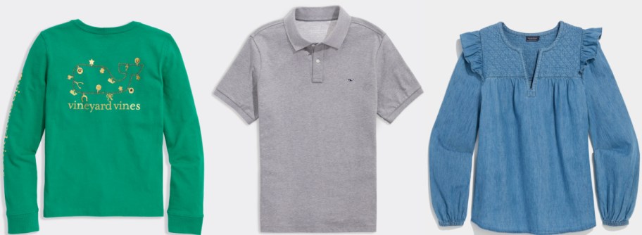 A green long-sleeve shirt with a graphic design, a gray polo shirt, and a light blue denim blouse with ruffled sleeves.