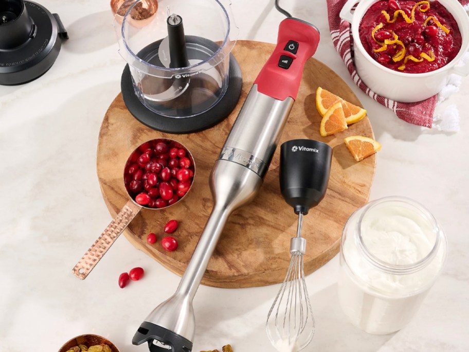 immersion blender with food on counter