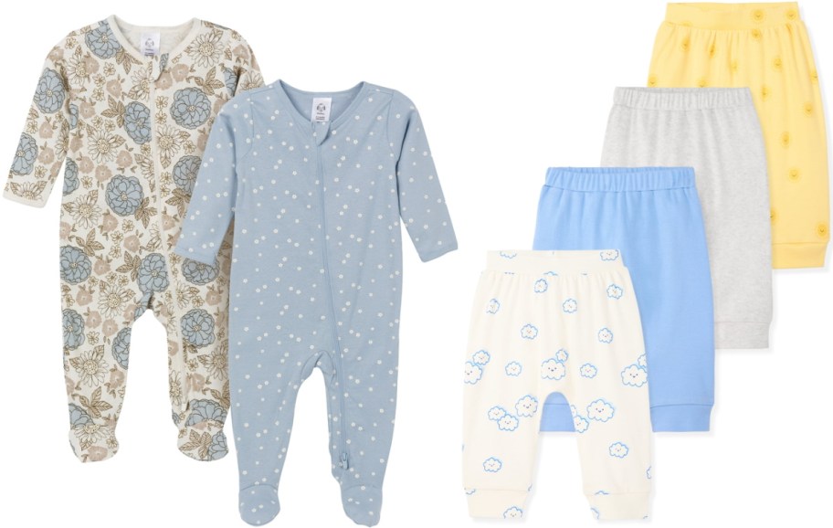 Two baby onesies and four pairs of pants displayed. Onesies feature floral and polka dot patterns; pants come in yellow, gray, blue, and cloud designs.