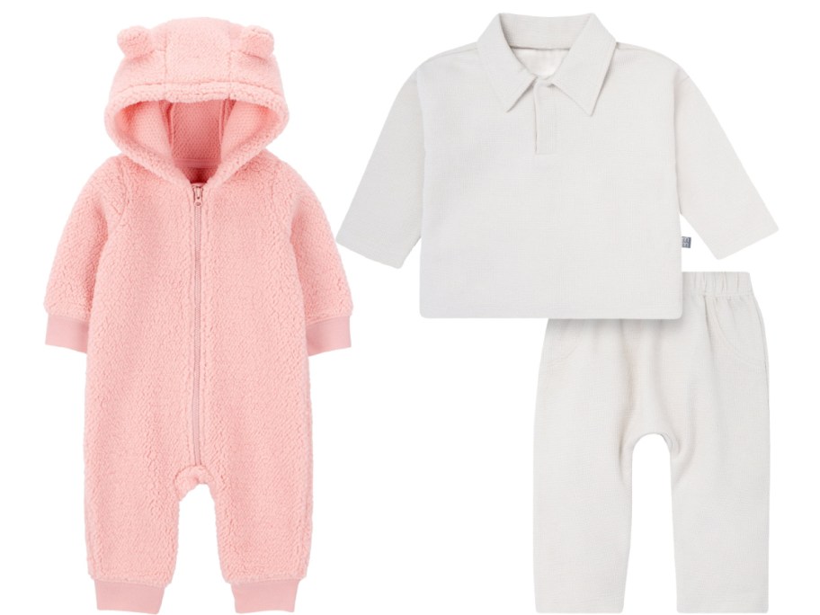 Two baby outfits: a cozy pink onesie with a hood and bear ears, and a white long-sleeve top with matching pants.