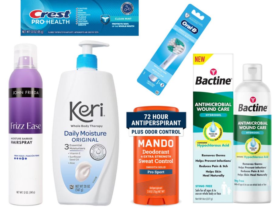 6 personal care items on a white background