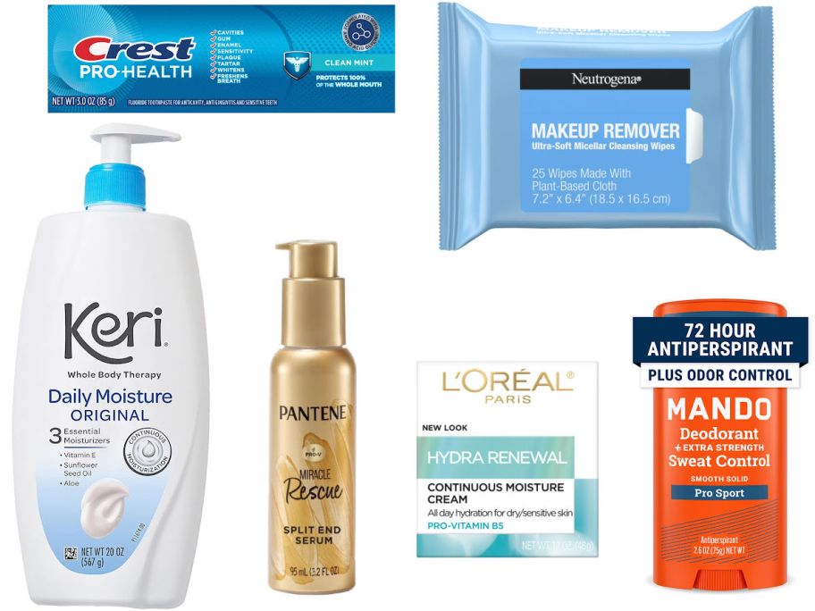 6 personal care items on a white background