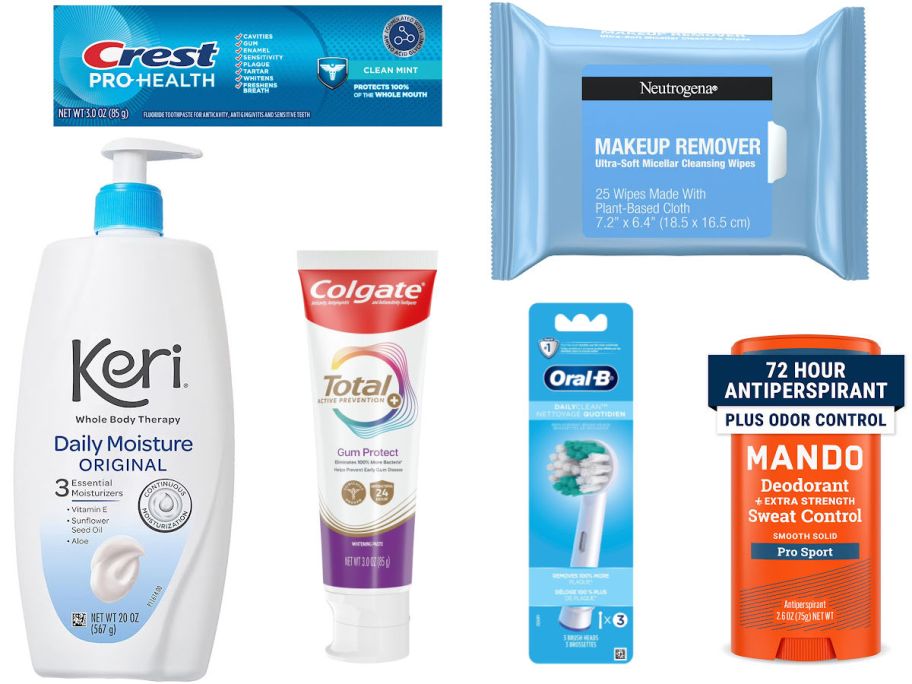 6 personal care items on a white background