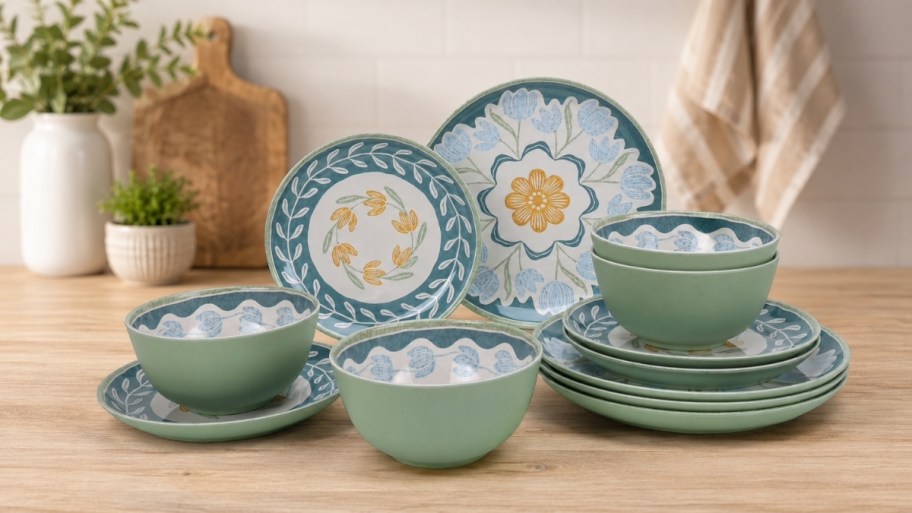 better homes and gardens melamine dishware set on a table top
