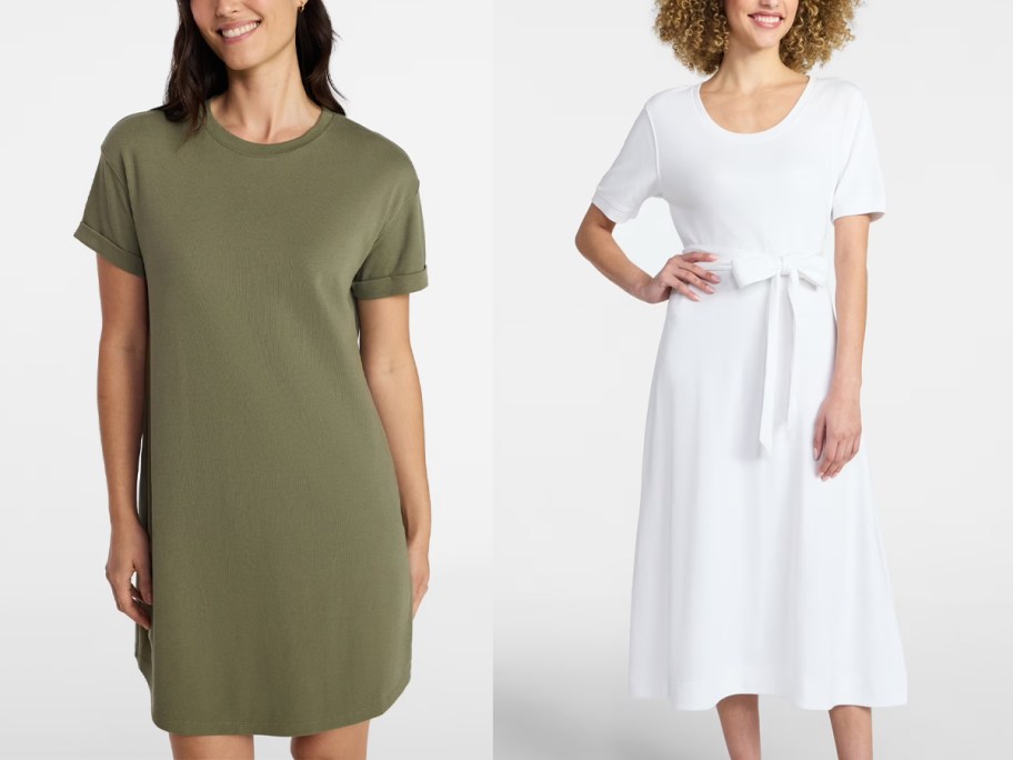 women wearing green and white dresses 