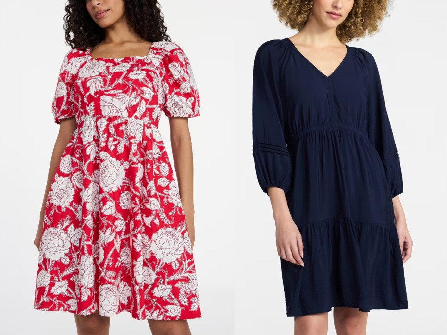 women wearing red and blue dresses