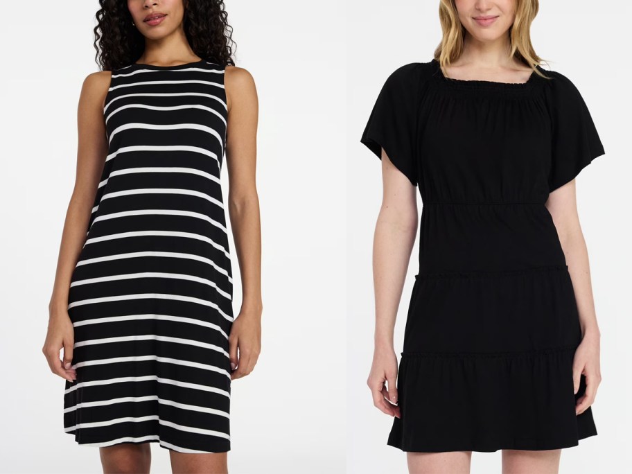 women wearing black and white striped and black dresses 