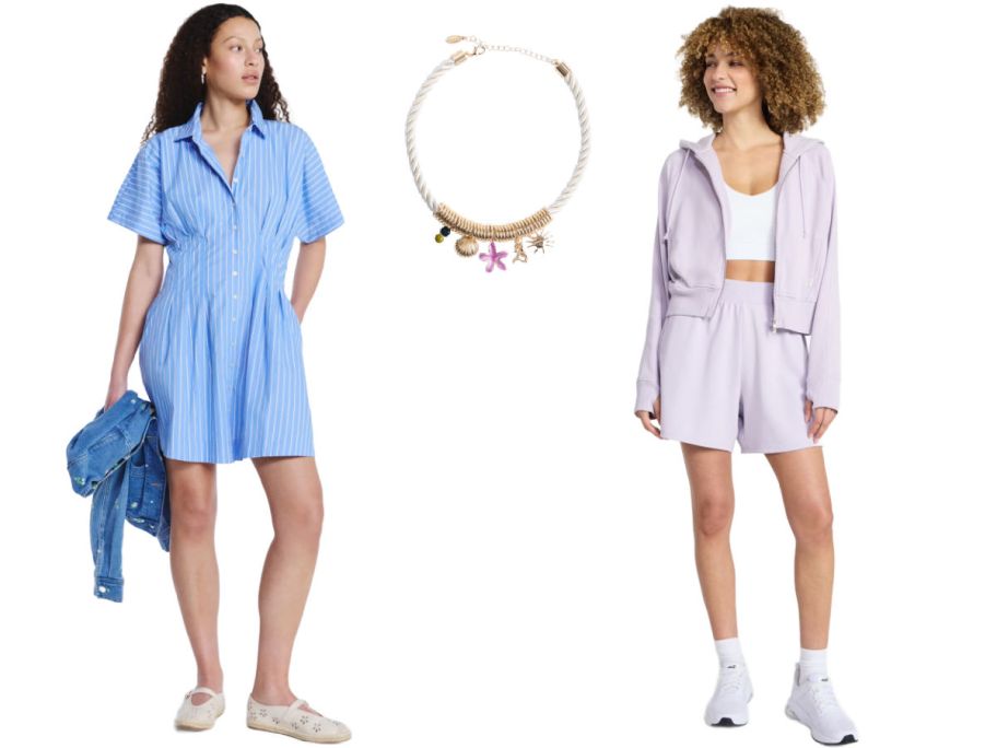 two women and a necklace on a white background