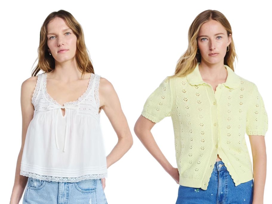 2 women from the waist up on a white background