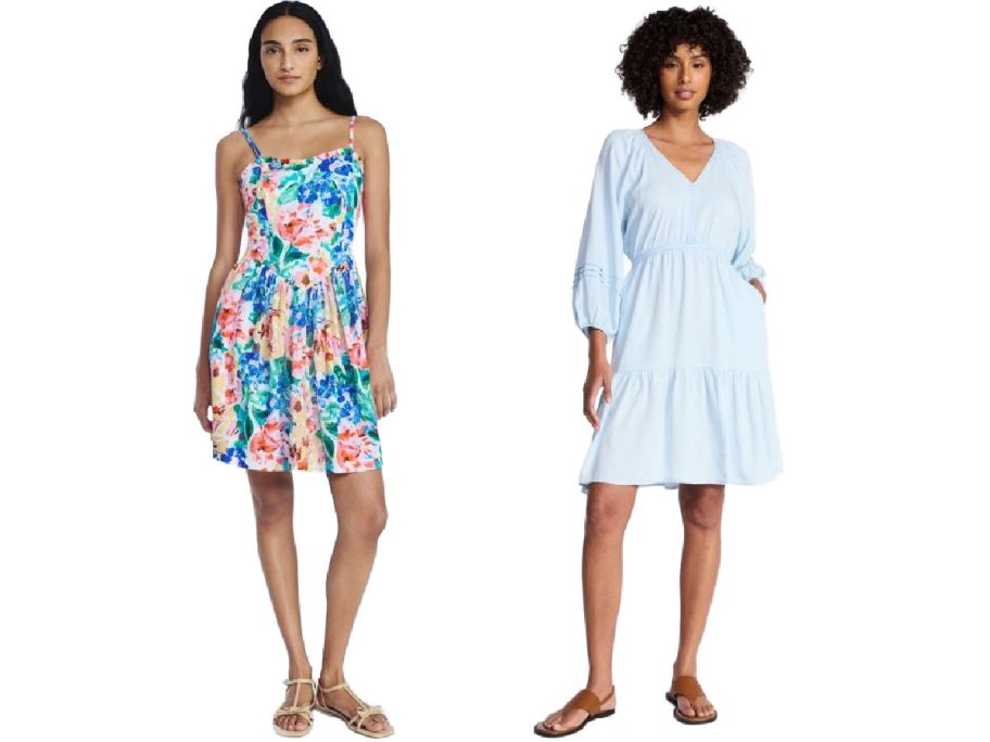 2 women wearing dresses on a white background