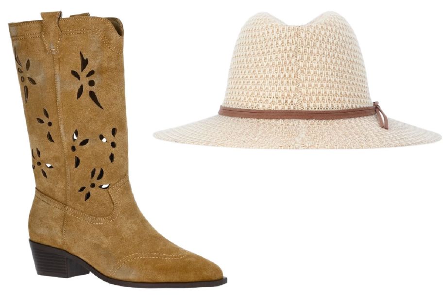 suede boot next to Panama hat on a white background