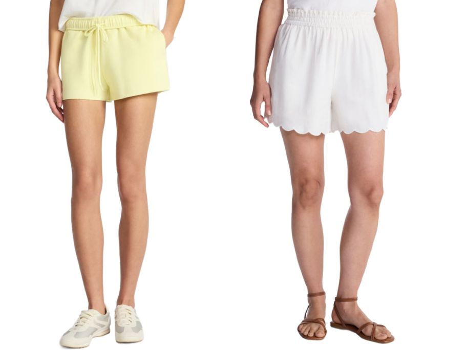 two women shown from the waist down wearing shorts on a white background