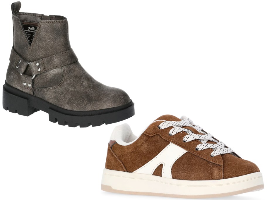 gray mid calf boot and brown shoes