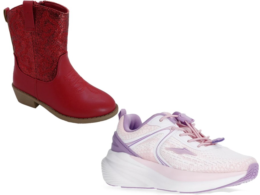 red boot and pink shoes