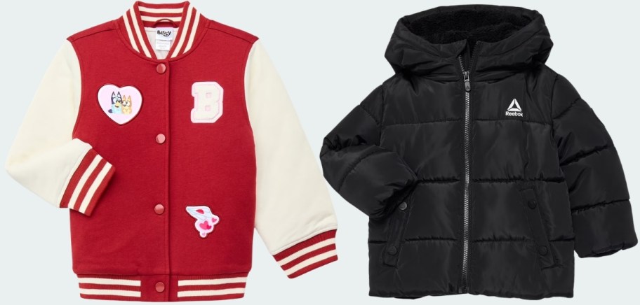 a varsity jacket and a puffer jacket