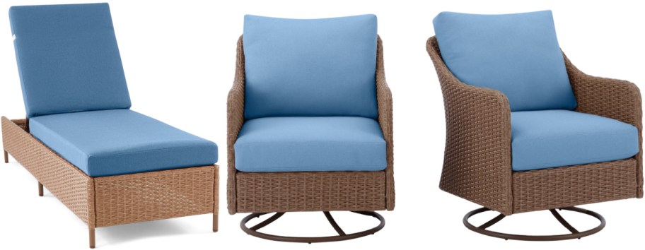 Brown wicker outdoor furniture set on white background with light blue cushions. Includes a chaise lounge and two swivel chairs.