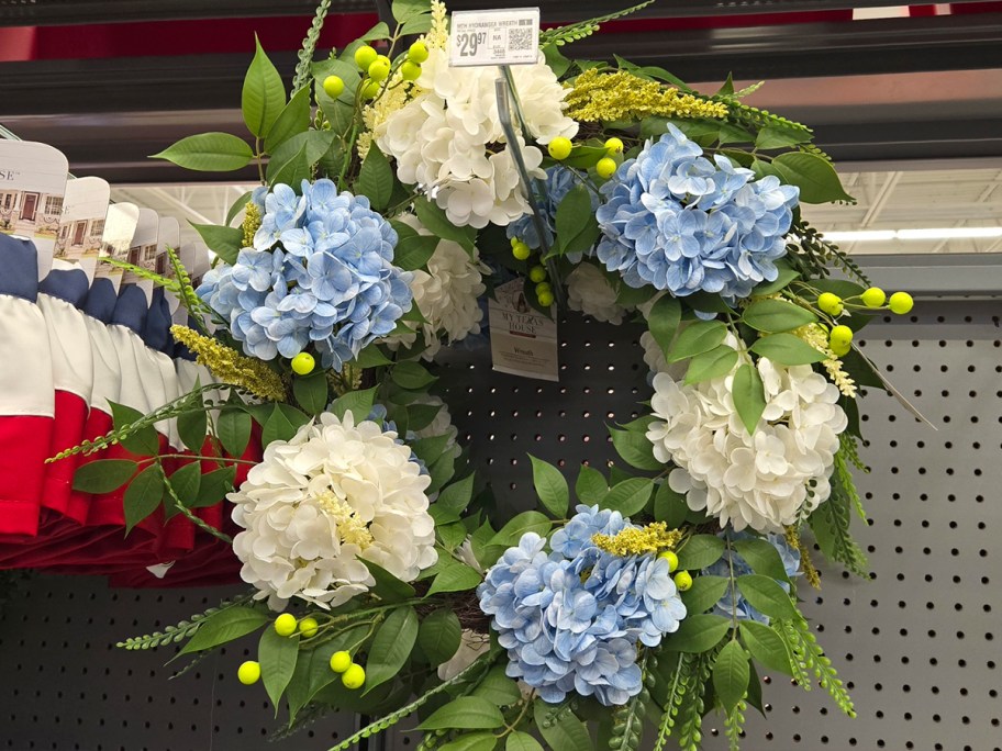 blue and white floral wreath 
