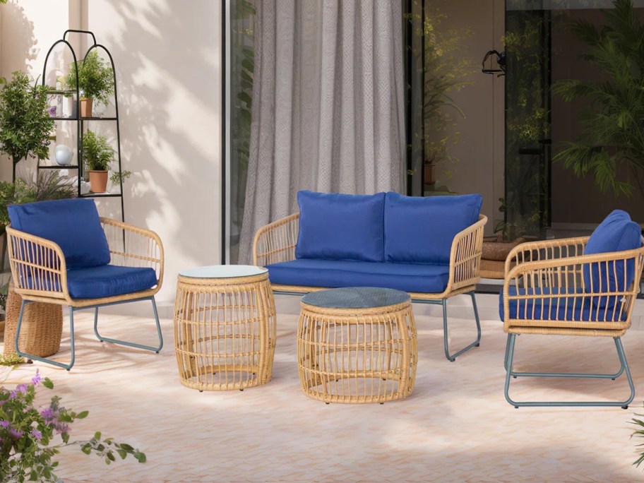 blue and tan patio set 