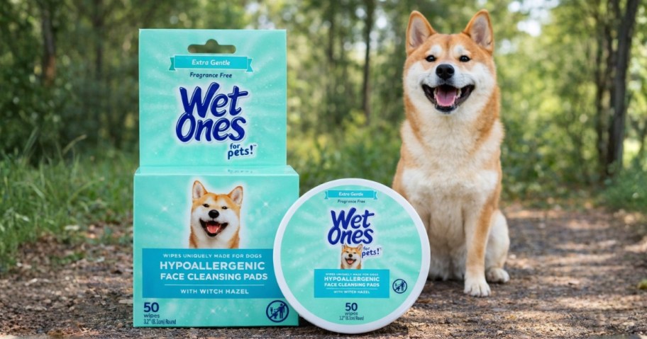 a Shiba dog sitting behind a pack of Wet Ones Pet Wipes