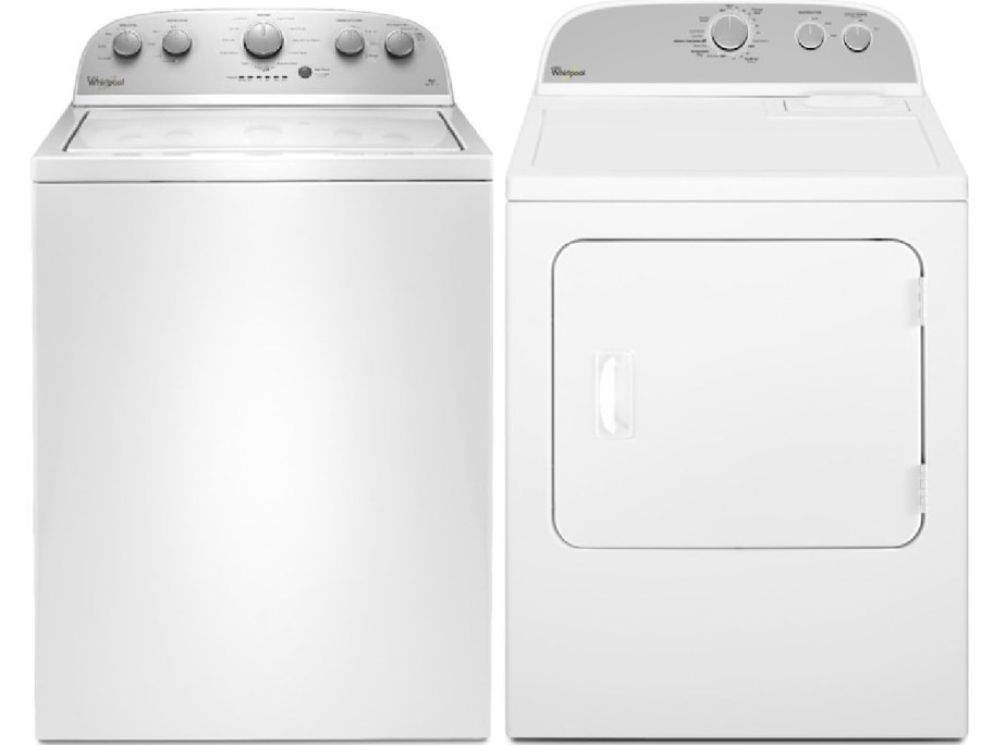 White washer and dryer set side by side, featuring top controls and a clean, functional design.