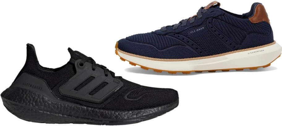 a womens black adidas sneaker and mens navy blue Cole Haan sneaker