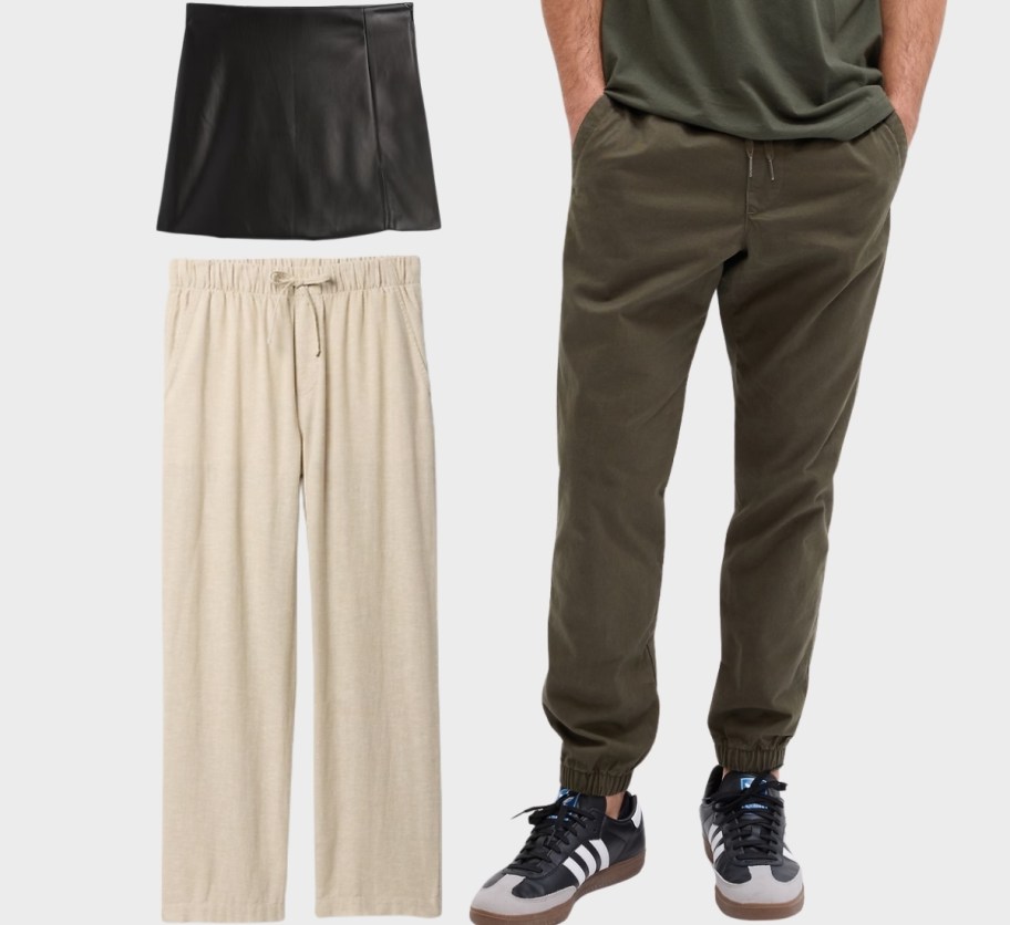 a womans skirt and pants and mens joggers