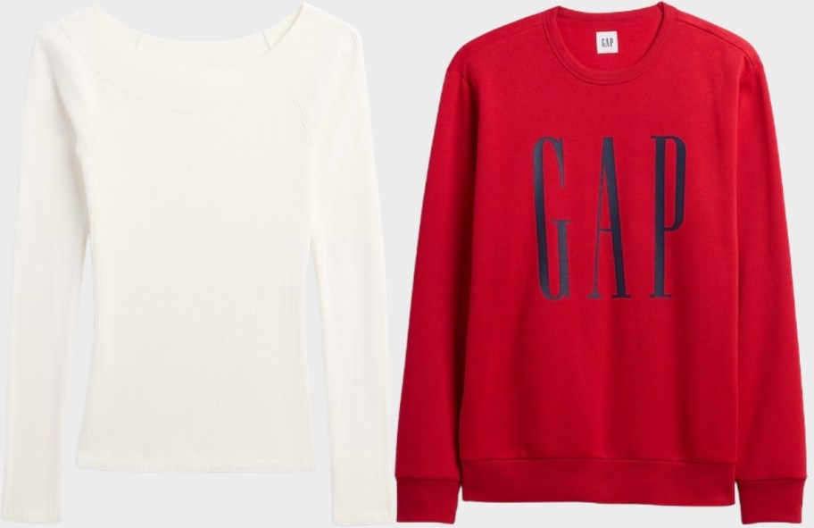 womens white boatneck sweater and mens red logo sweatshirt