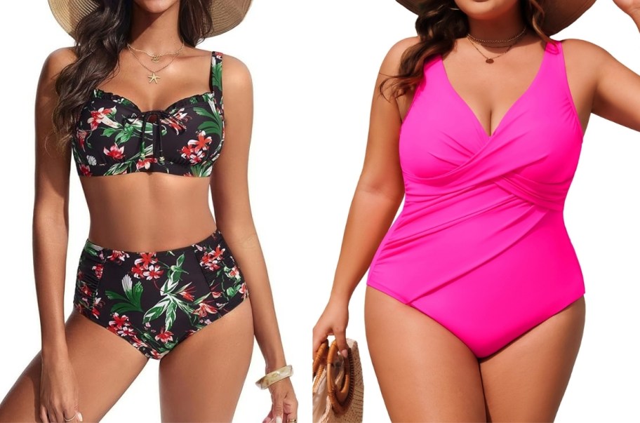 awoman in a two piece swimsuit and a woman in a one piece swimsuit