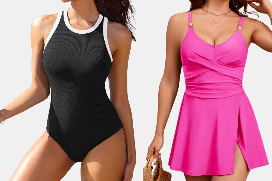 two women in different styles of swimsuits