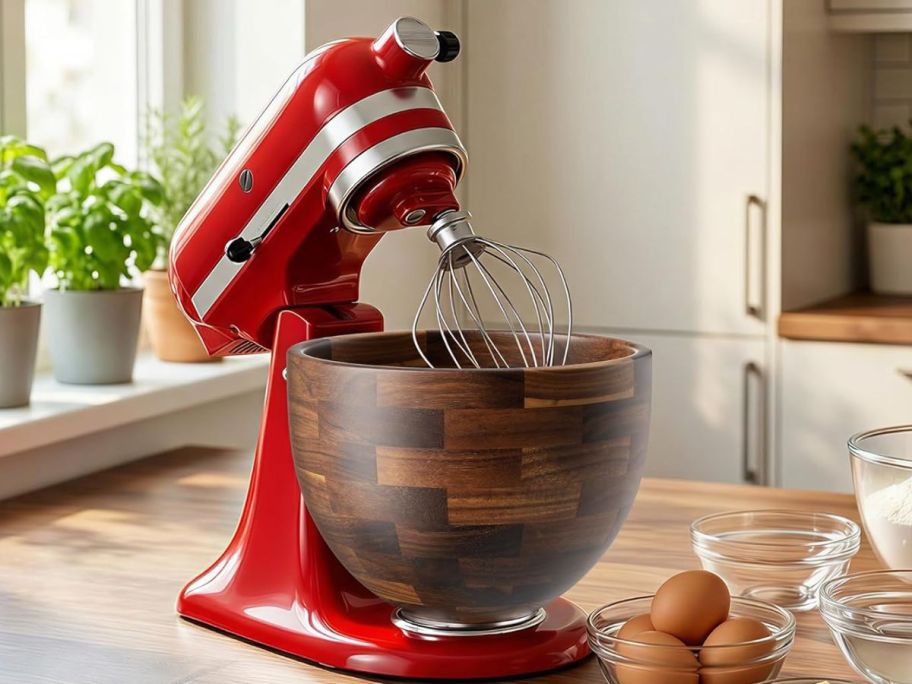 wood bowl on red mixer