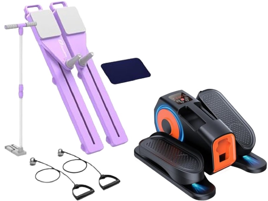 Image showcasing fitness equipment: a purple folding leg stretcher, a blue exercise mat, and a compact elliptical trainer with black and orange accents.