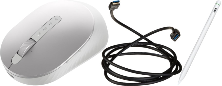 a wireless mouse, usb extension cord and pencil for ipad