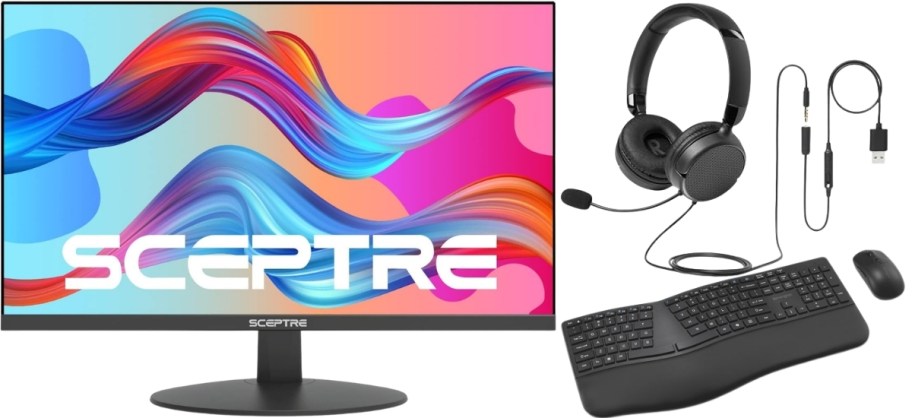 a computer monitor, headset and key board and mouse