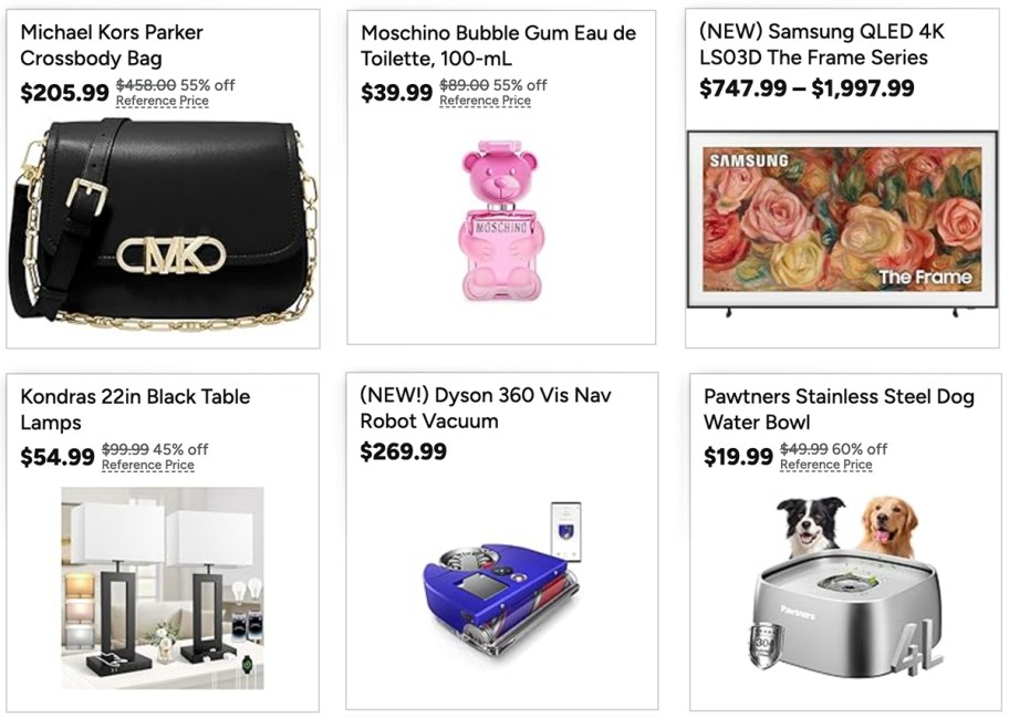 mk bag, perfume, tv, lamps, robot vacuum, and dog bowl